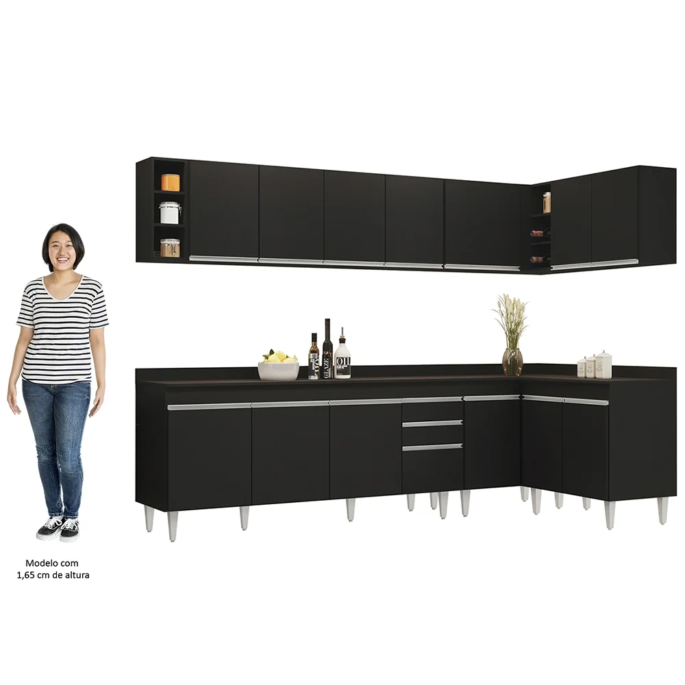 Armário de Cozinha Modulado de Canto 7 Peças CP35 Balcão com Tampo Preto - Lumil