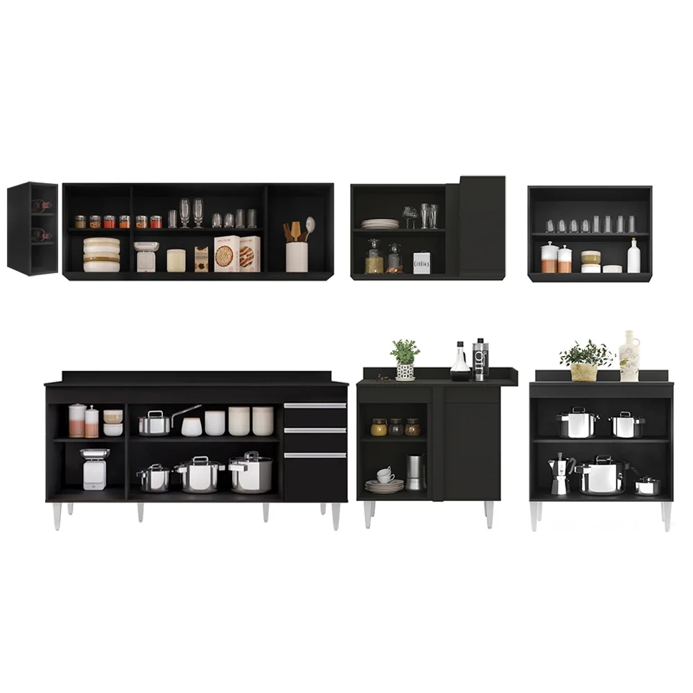 Armário de Cozinha Modulado de Canto 7 Peças CP35 Balcão com Tampo Preto - Lumil