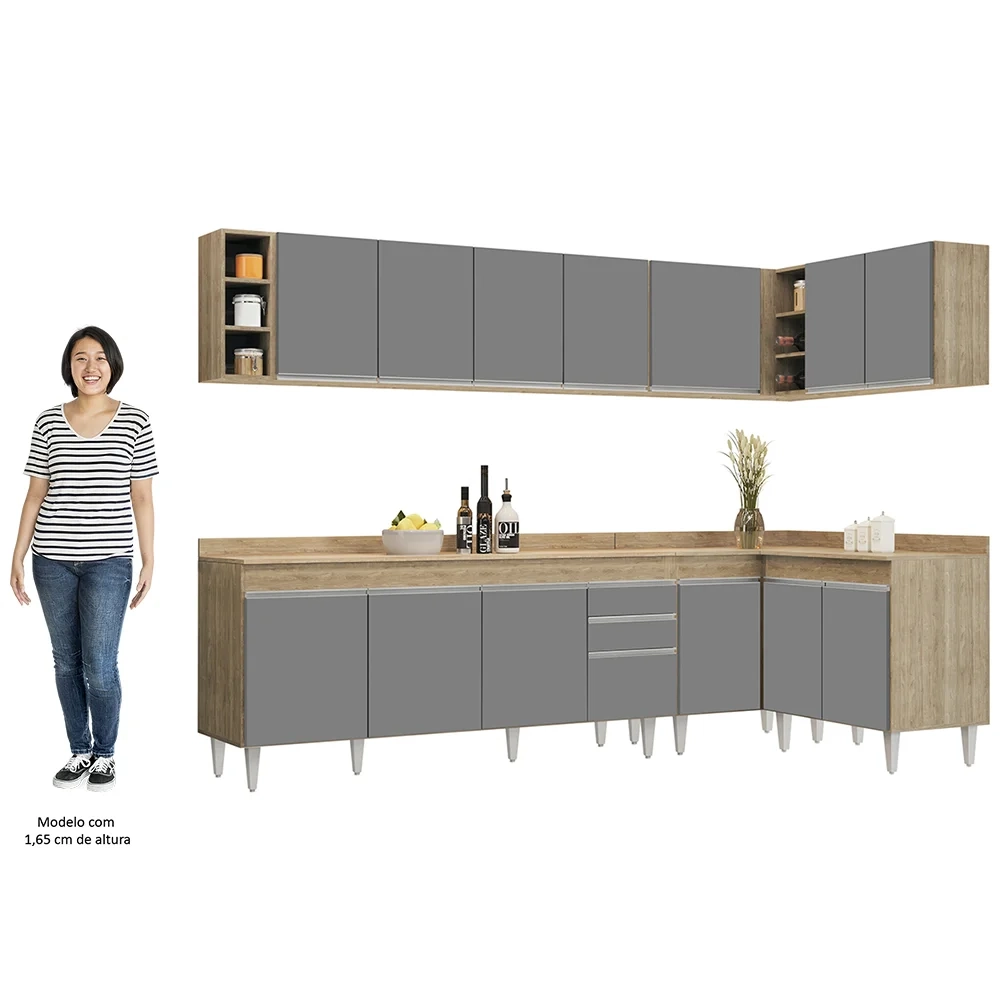 Armário de Cozinha Modulado de Canto 7 Peças CP35 Balcão com Tampo Castanho/Cinza - Lumil