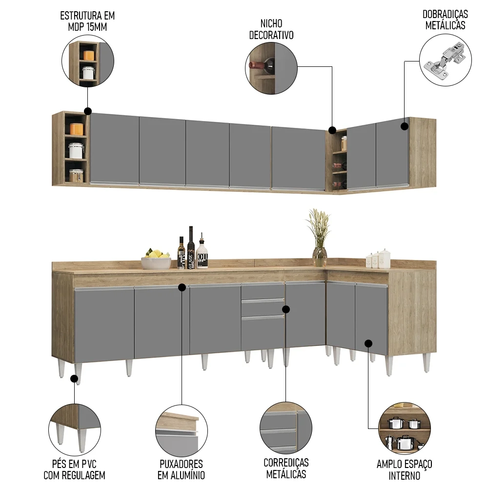 Armário de Cozinha Modulado de Canto 7 Peças CP35 Balcão com Tampo Castanho/Cinza - Lumil