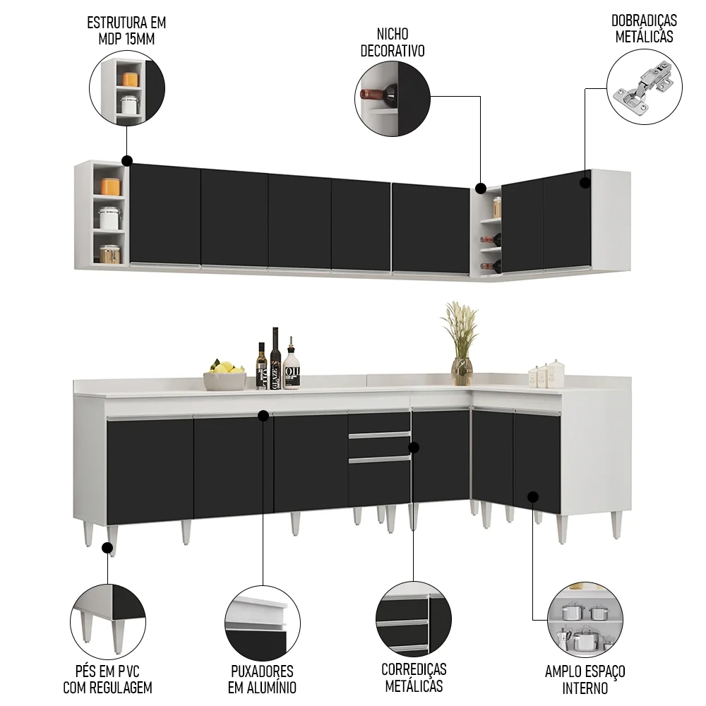 Armário de Cozinha Modulado de Canto 7 Peças CP35 Balcão com Tampo Branco/Preto - Lumil