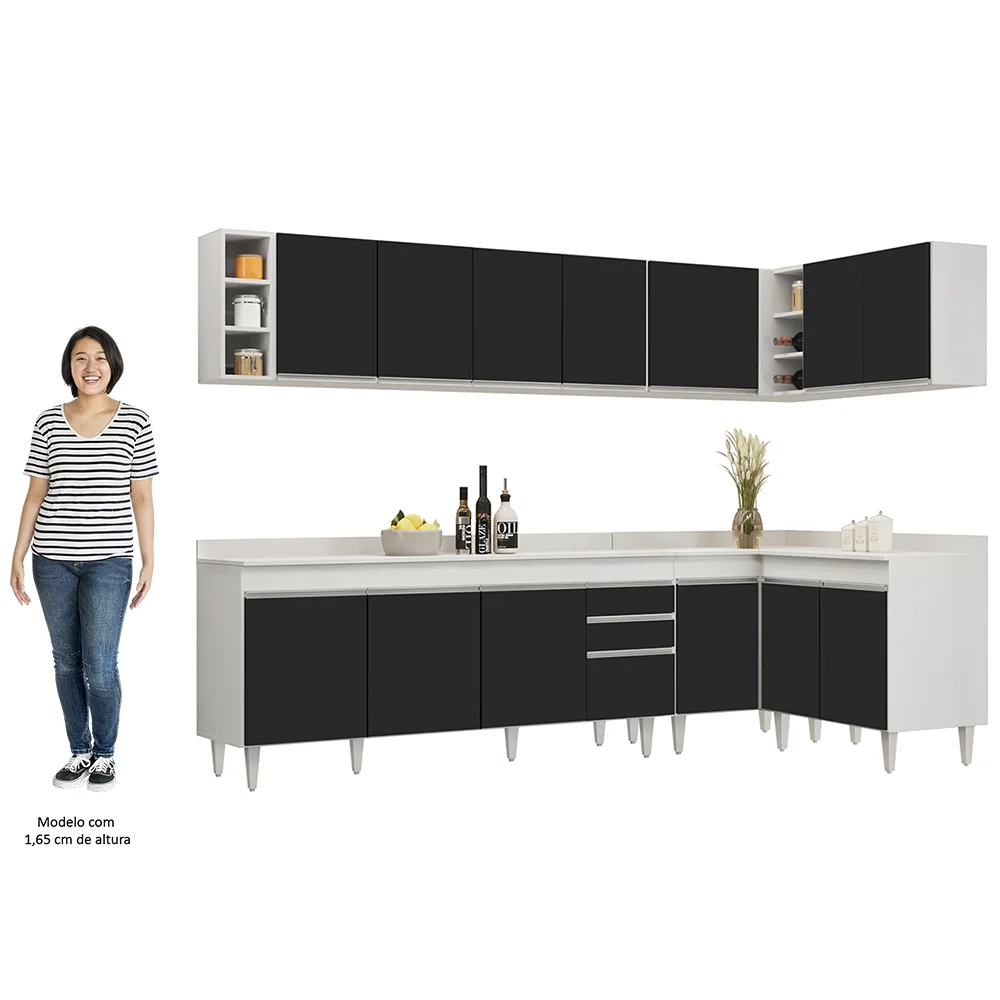 Armário de Cozinha Modulado de Canto 7 Peças CP35 Balcão com Tampo Branco/Preto - Lumil