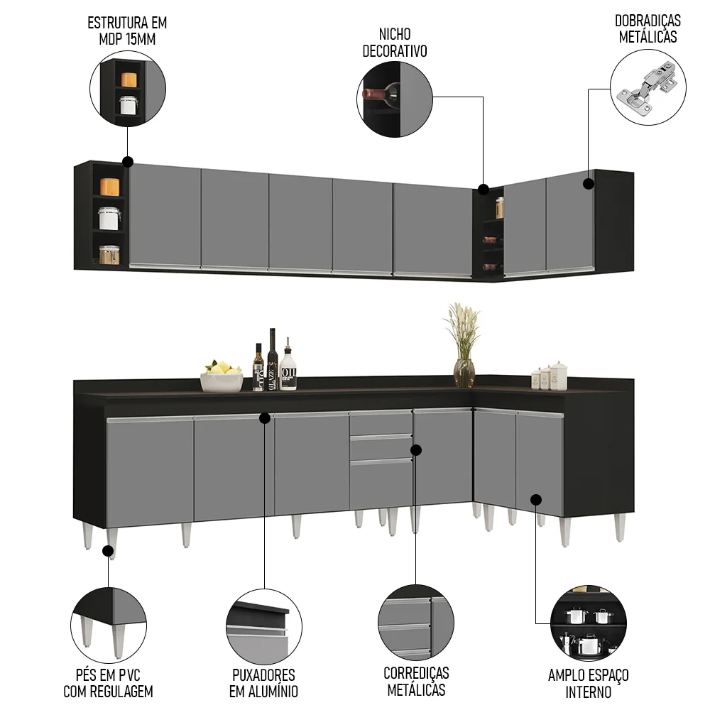 Armário de Cozinha Modulado de Canto 7 Peças CP35 Balcão com Tampo Preto/Cinza - Lumil