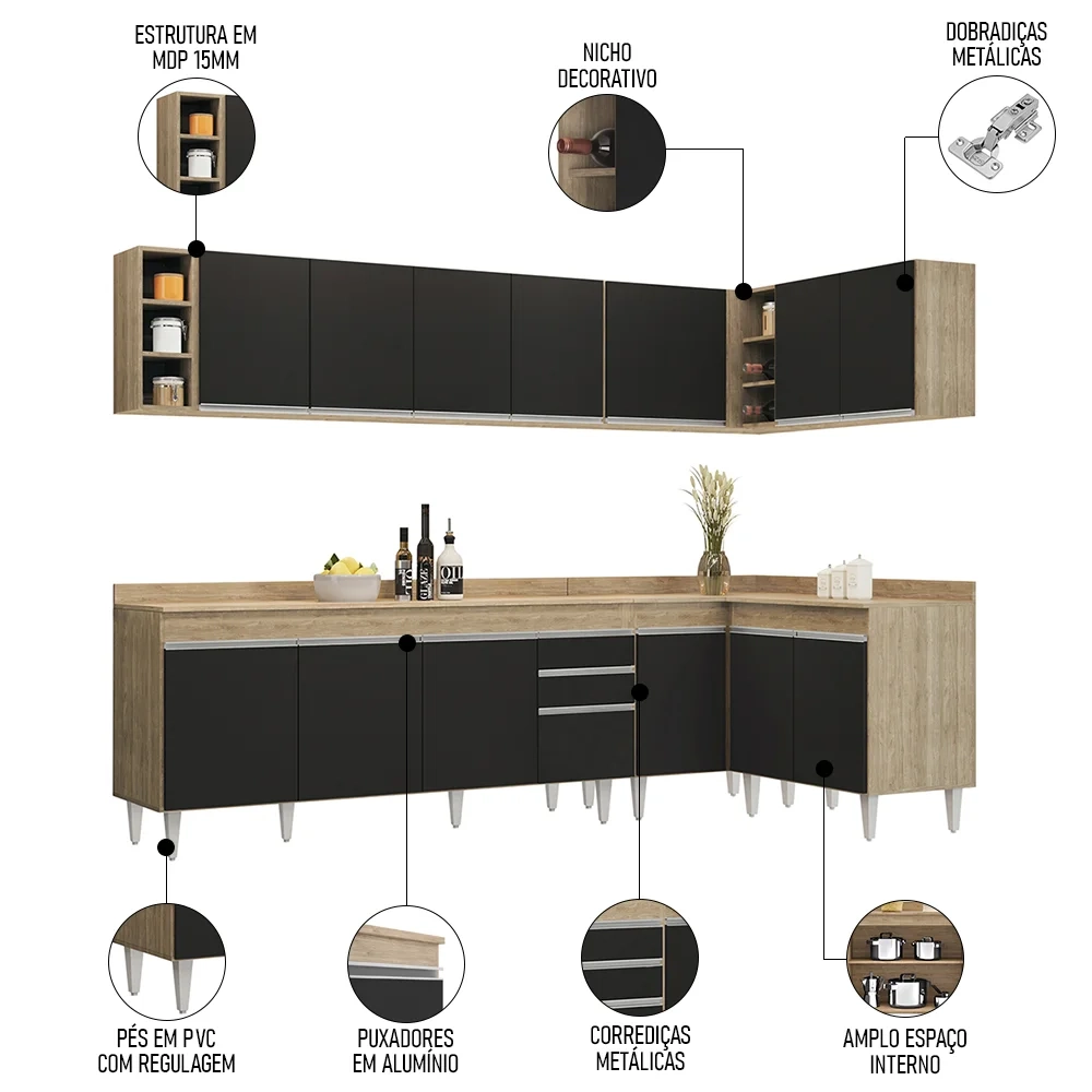 Armário de Cozinha Modulado de Canto 7 Peças CP35 Balcão com Tampo Castanho/Preto - Lumil