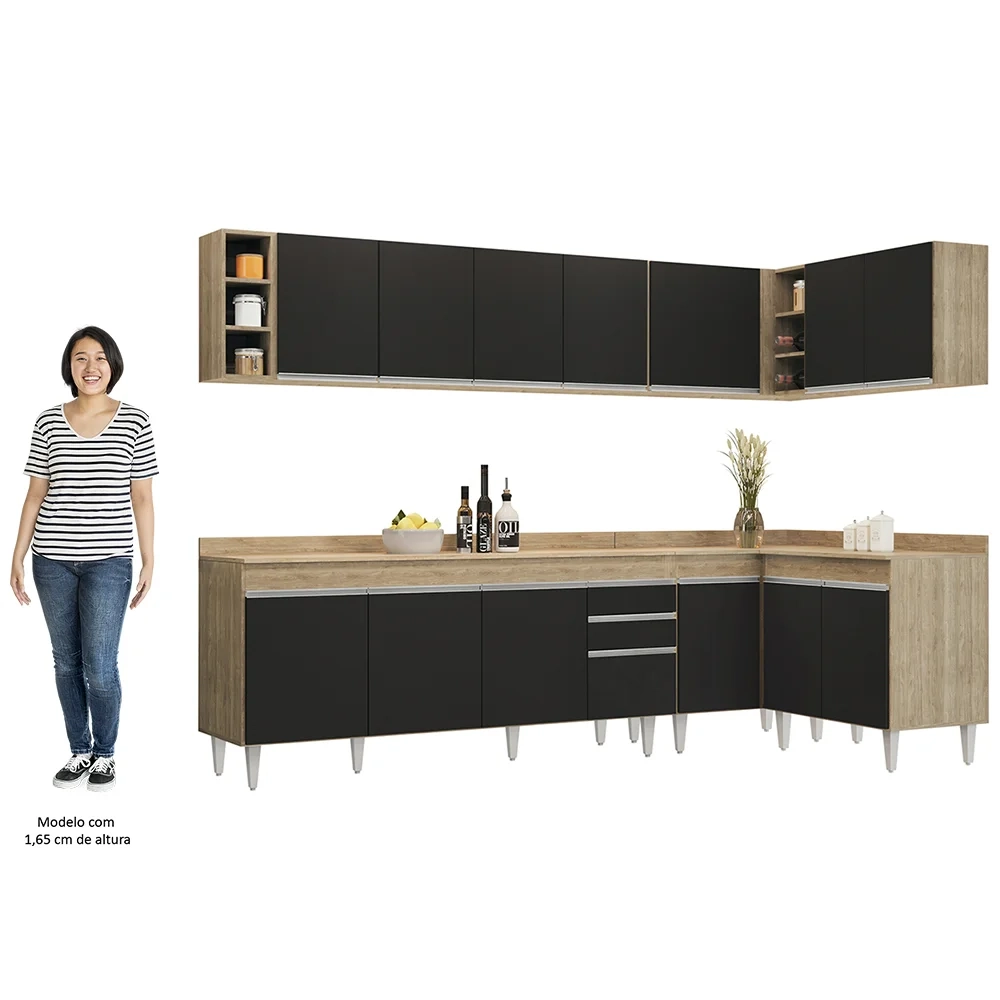 Armário de Cozinha Modulado de Canto 7 Peças CP35 Balcão com Tampo Castanho/Preto - Lumil