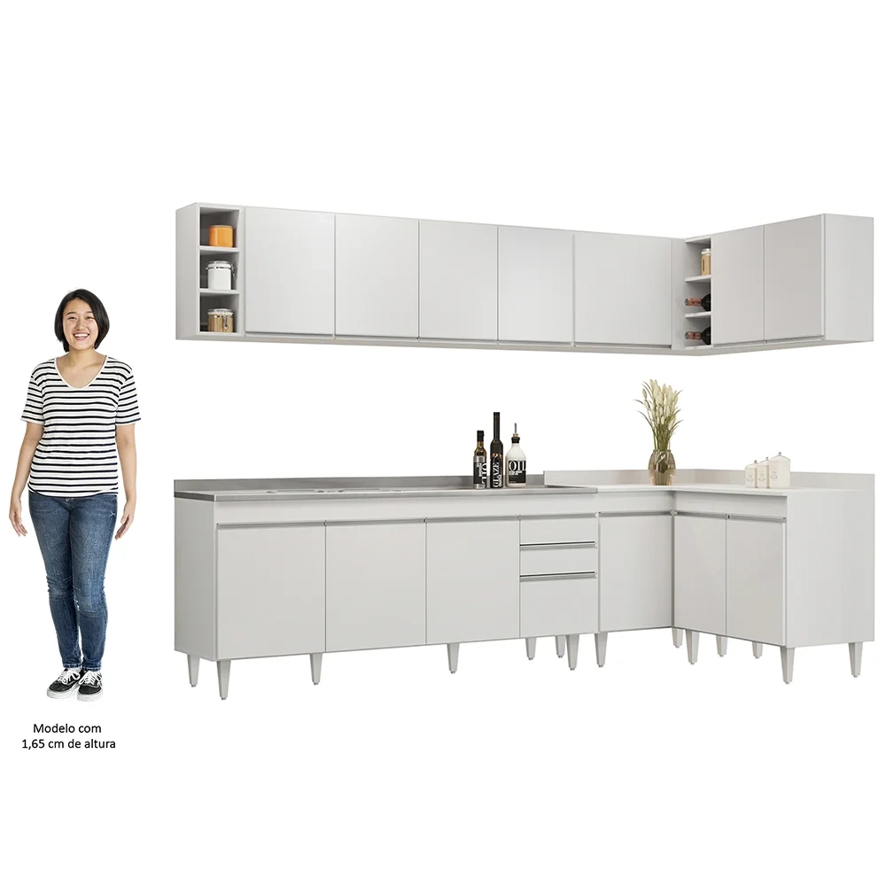 Armário de Cozinha Modulado de Canto 7 Peças CP36 com Pia Inox Branco - Lumil