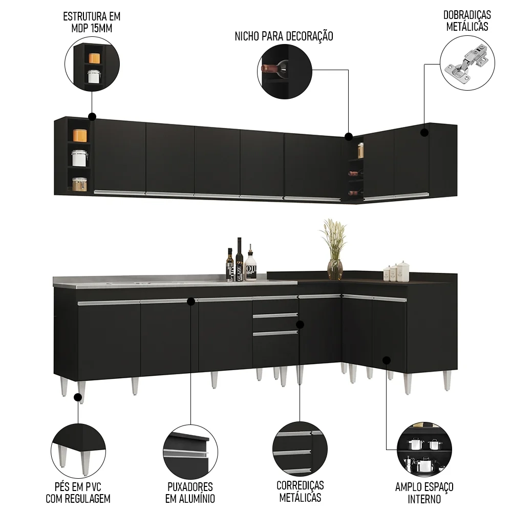 Armário de Cozinha Modulado de Canto 7 Peças CP36 com Pia Inox Preto - Lumil