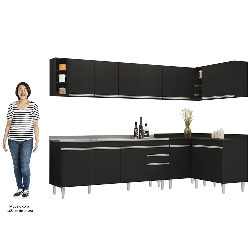 Armário de Cozinha Modulado de Canto 7 Peças CP36 com Pia Inox Preto - Lumil