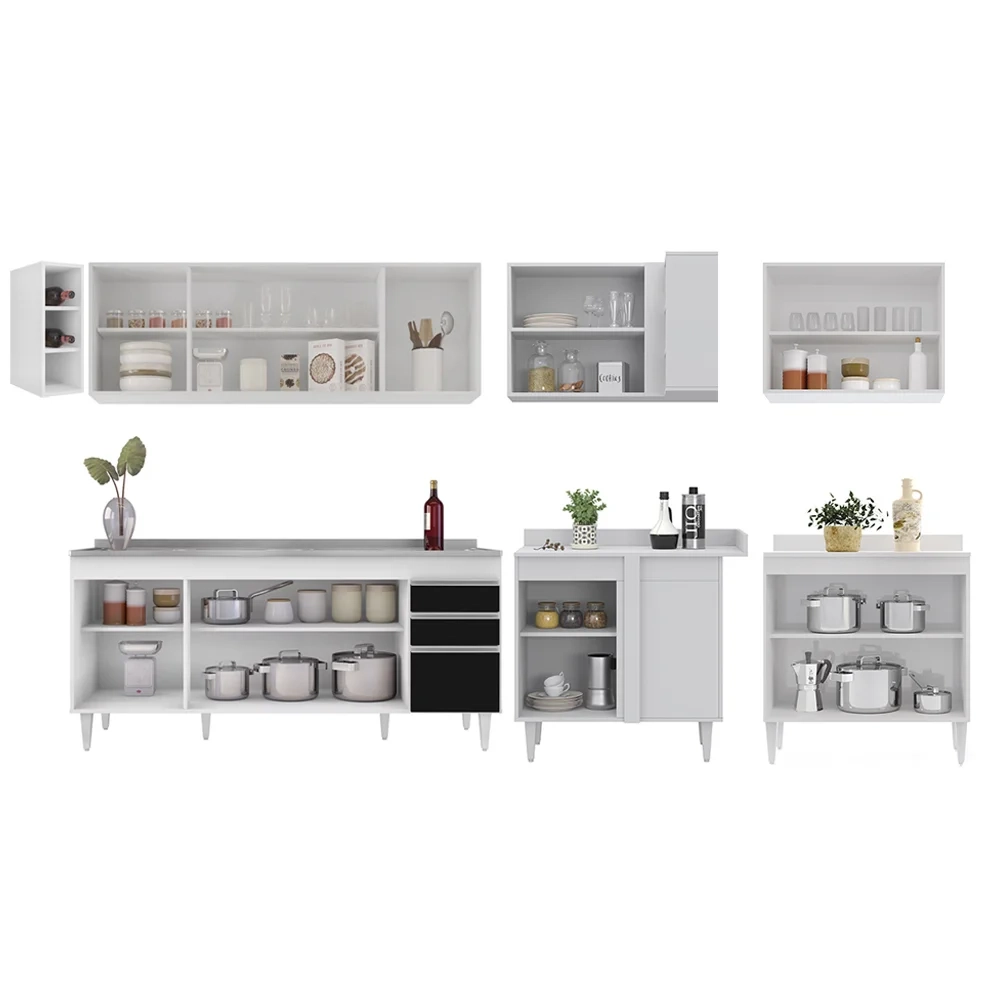 Armário de Cozinha Modulado de Canto 7 Peças CP36 com Pia Inox Branco/Preto - Lumil