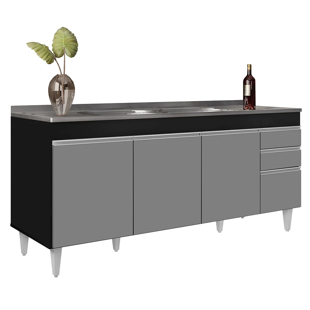 Armário de Cozinha Modulado de Canto 7 Peças CP36 com Pia Inox Preto/Cinza - Lumil