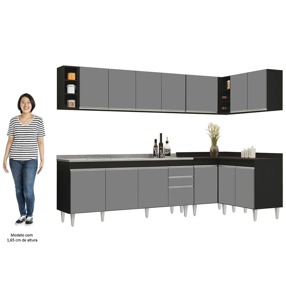 Armário de Cozinha Modulado de Canto 7 Peças CP36 com Pia Inox Preto/Cinza - Lumil