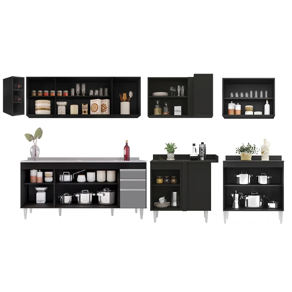 Armário de Cozinha Modulado de Canto 7 Peças CP36 com Pia Inox Preto/Cinza - Lumil