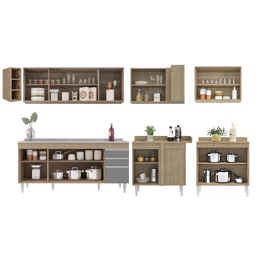 Armário de Cozinha Modulado de Canto 7 Peças CP36 com Pia Inox Castanho/Cinza - Lumil