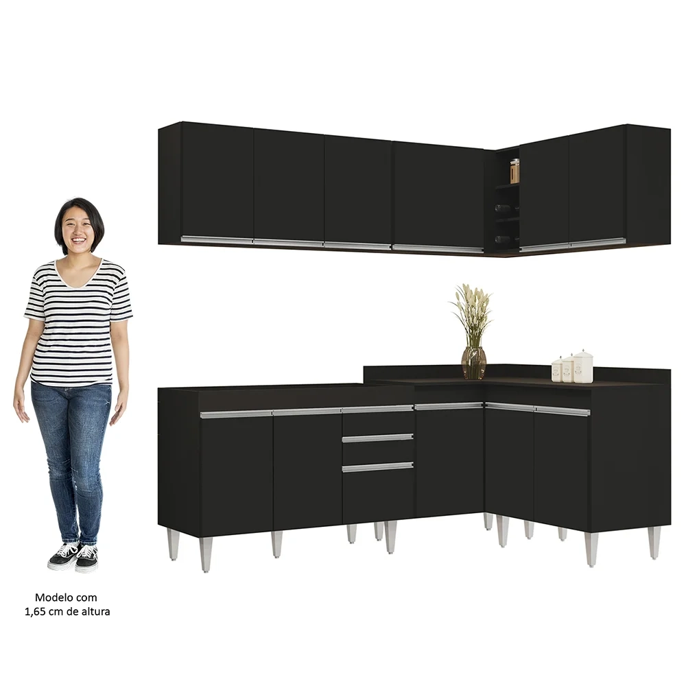Armário de Cozinha Modulado de Canto 6 Peças CP28 Balcão sem Tampo Preto - Lumil