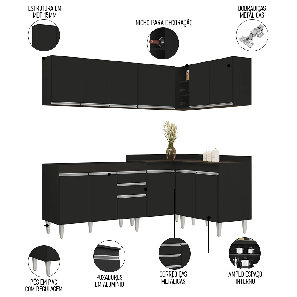 Armário de Cozinha Modulado de Canto 6 Peças CP28 Balcão sem Tampo Preto - Lumil