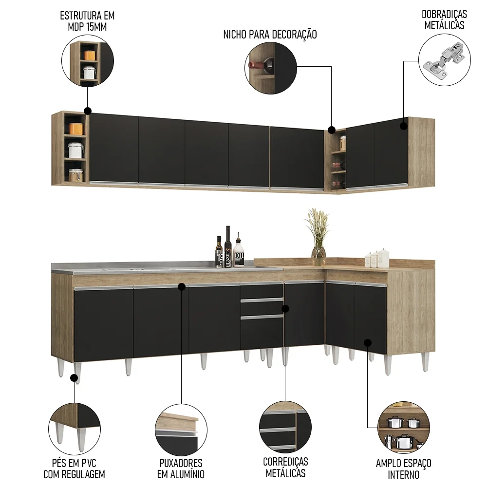 Armário de Cozinha Modulado de Canto 7 Peças CP36 com Pia Inox Castanho/Preto - Lumil