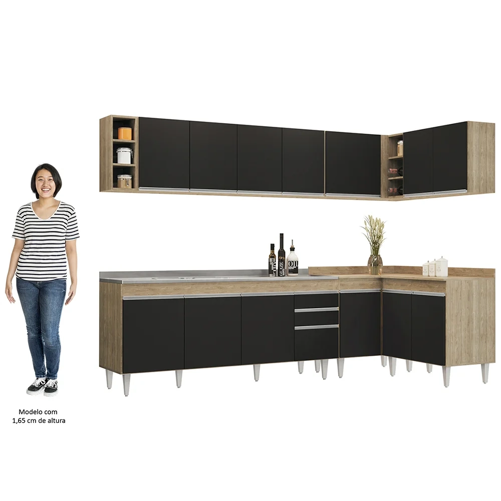 Armário de Cozinha Modulado de Canto 7 Peças CP36 com Pia Inox Castanho/Preto - Lumil