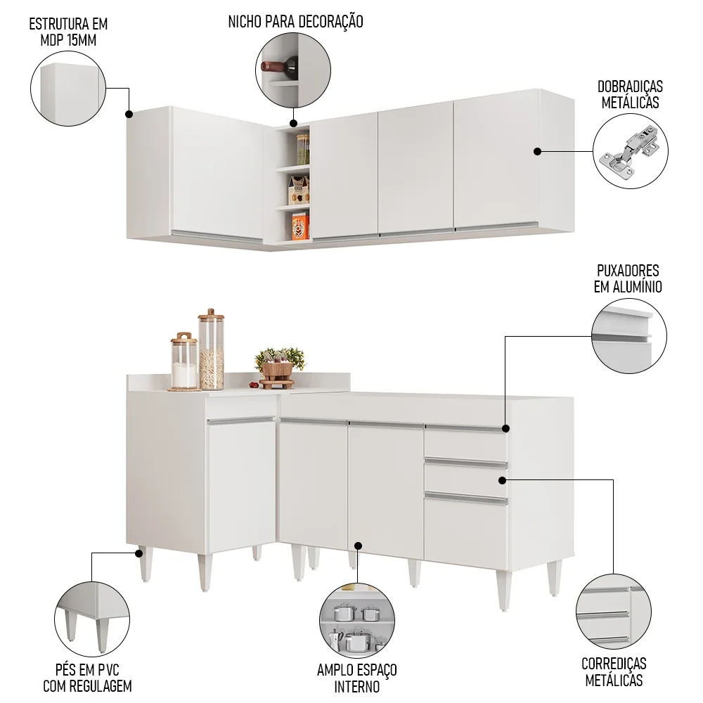 Armário de Cozinha Modulado de Canto Direito 4 Peças CP37 Balcão sem Tampo Branco - Lumil