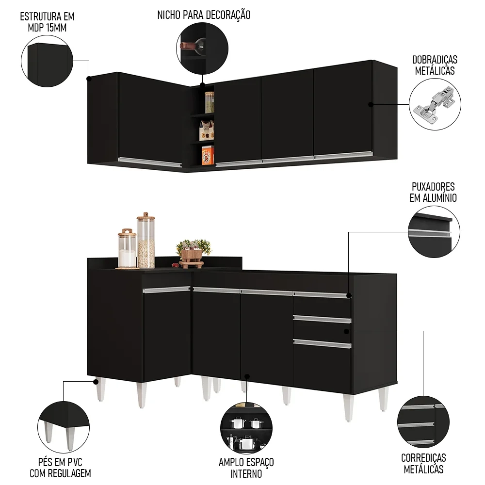 Armário de Cozinha Modulado de Canto Direito 4 Peças CP37 Balcão sem Tampo Preto - Lumil