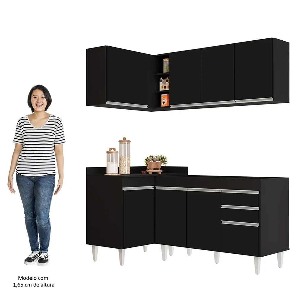 Armário de Cozinha Modulado de Canto Direito 4 Peças CP37 Balcão sem Tampo Preto - Lumil