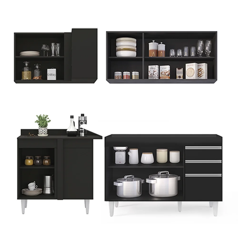 Armário de Cozinha Modulado de Canto Direito 4 Peças CP37 Balcão sem Tampo Preto - Lumil