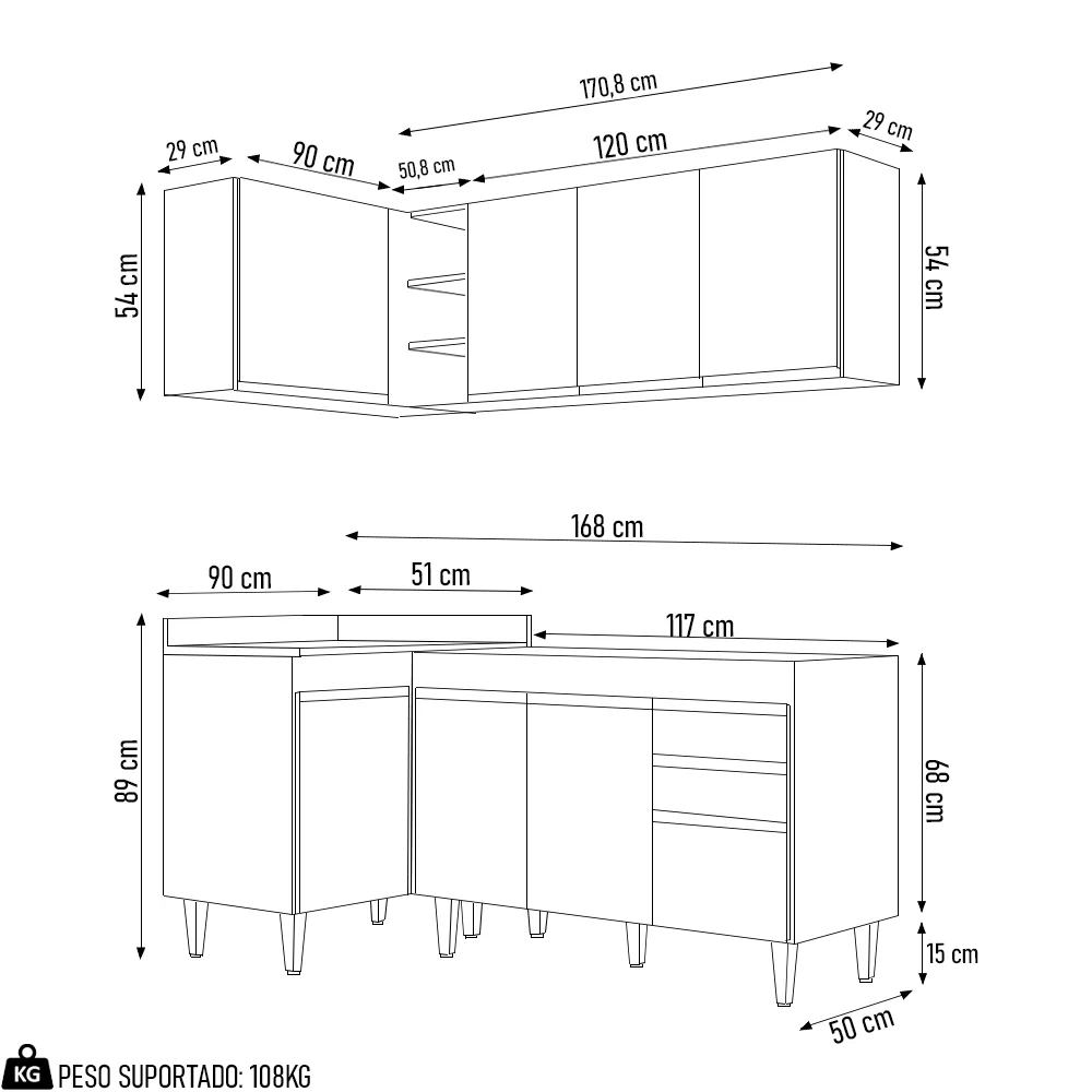 Armário de Cozinha Modulado de Canto Direito 4 Peças CP37 Balcão sem Tampo Branco/Preto - Lumil