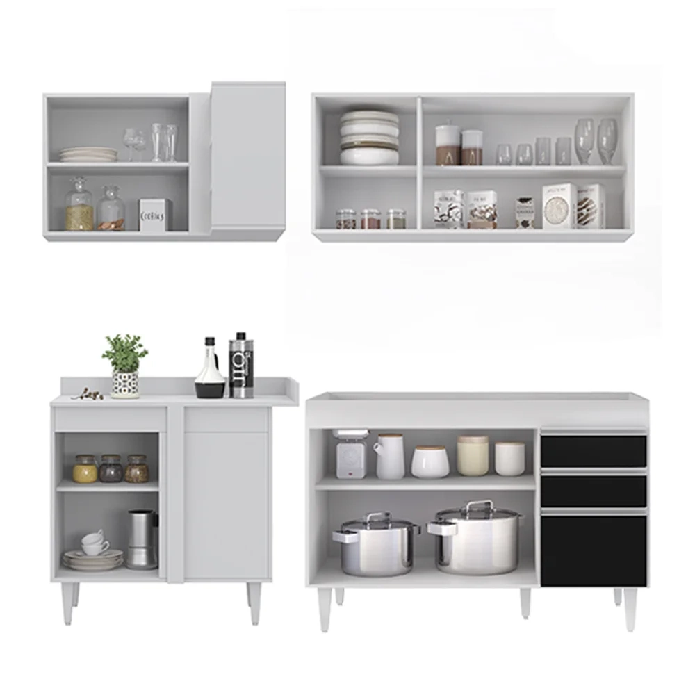 Armário de Cozinha Modulado de Canto Direito 4 Peças CP37 Balcão sem Tampo Branco/Preto - Lumil