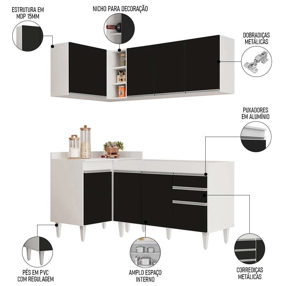 Armário de Cozinha Modulado de Canto Direito 4 Peças CP37 Balcão sem Tampo Branco/Preto - Lumil