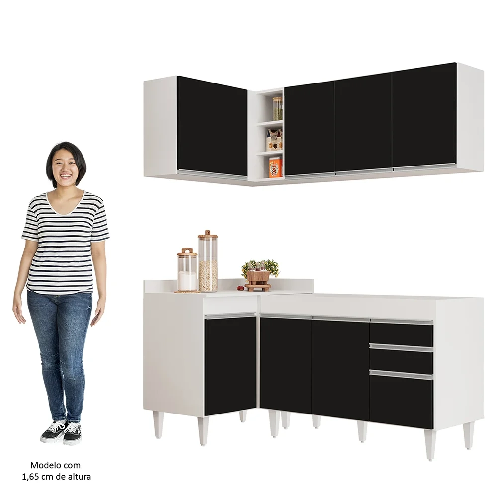 Armário de Cozinha Modulado de Canto Direito 4 Peças CP37 Balcão sem Tampo Branco/Preto - Lumil