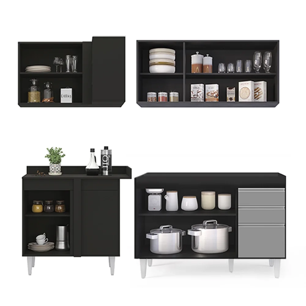 Armário de Cozinha Modulado de Canto Direito 4 Peças CP37 Balcão sem Tampo Preto/Cinza - Lumil
