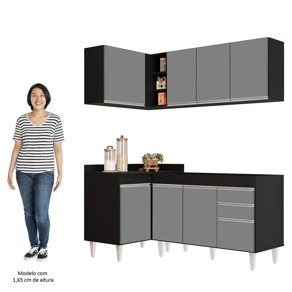 Armário de Cozinha Modulado de Canto Direito 4 Peças CP37 Balcão sem Tampo Preto/Cinza - Lumil