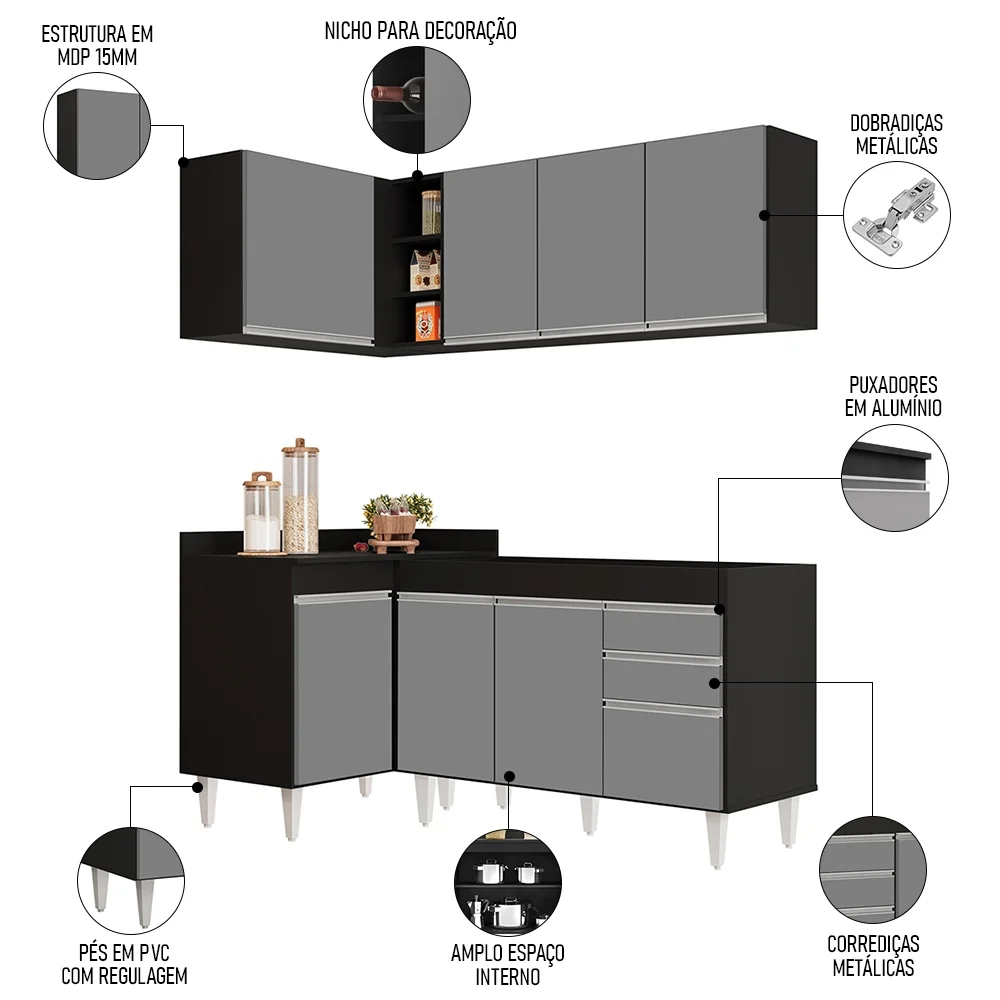 Armário de Cozinha Modulado de Canto Direito 4 Peças CP37 Balcão sem Tampo Preto/Cinza - Lumil