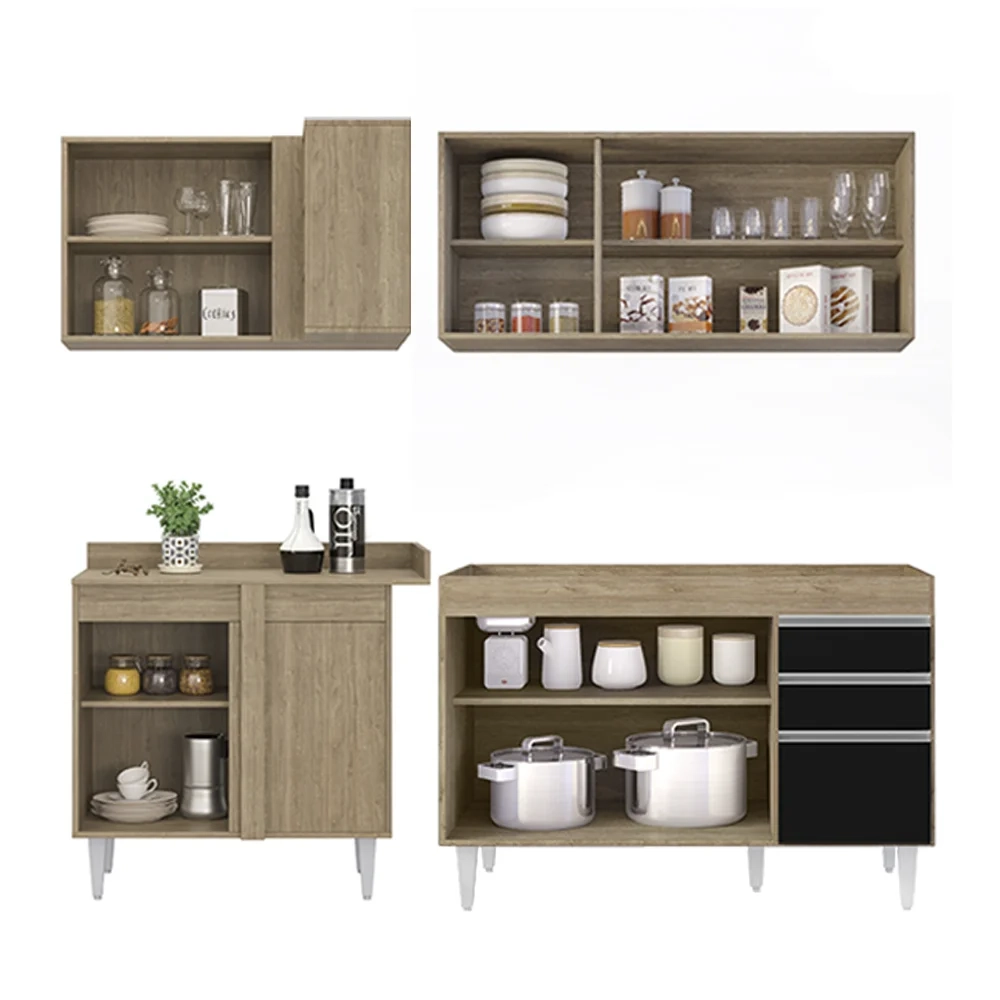 Armário de Cozinha Modulado de Canto Direito 4 Peças CP37 Balcão sem Tampo Castanho/Preto - Lumil