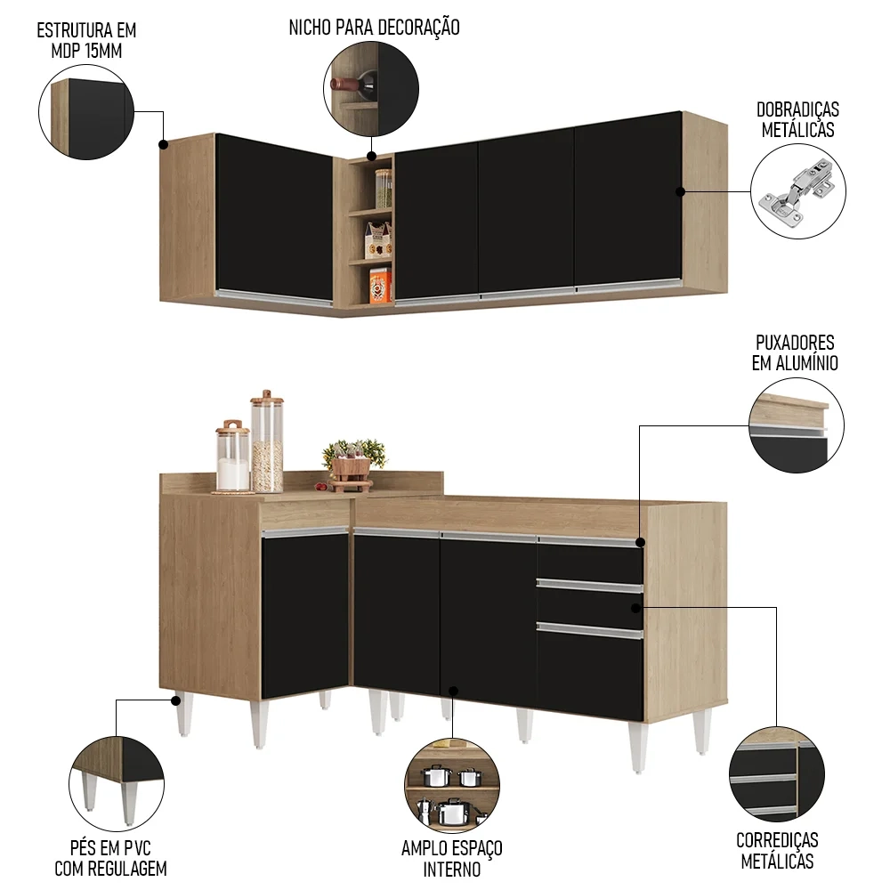 Armário de Cozinha Modulado de Canto Direito 4 Peças CP37 Balcão sem Tampo Castanho/Preto - Lumil