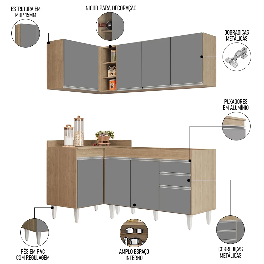 Armário de Cozinha Modulado de Canto Direito 4 Peças CP37 Balcão sem Tampo Castanho/Cinza - Lumil