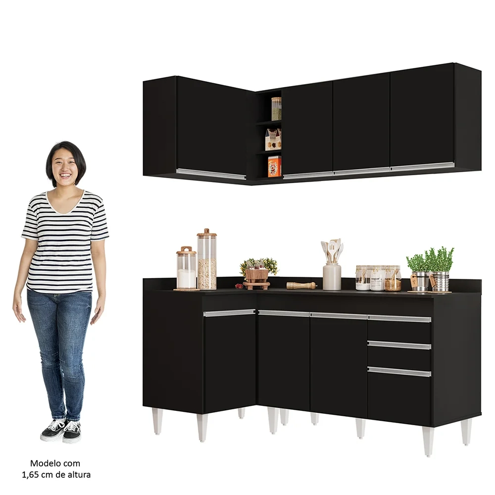 Armário de Cozinha Modulado de Canto Direito 4 Peças CP38 Balcão com Tampo Preto - Lumil