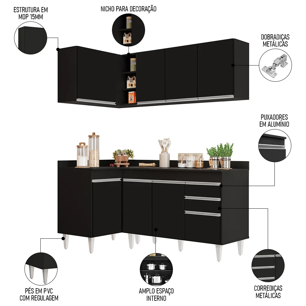 Armário de Cozinha Modulado de Canto Direito 4 Peças CP38 Balcão com Tampo Preto - Lumil