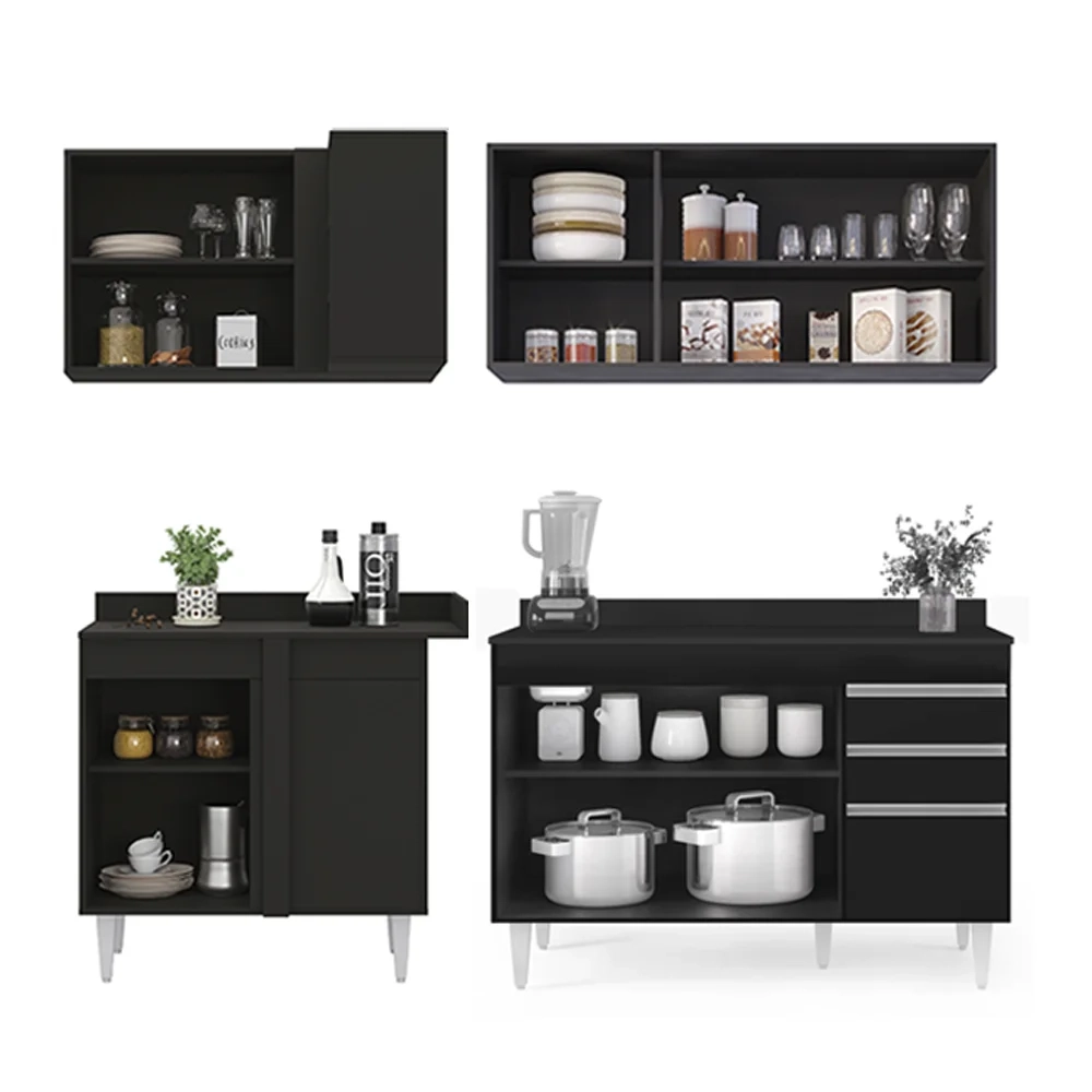 Armário de Cozinha Modulado de Canto Direito 4 Peças CP38 Balcão com Tampo Preto - Lumil