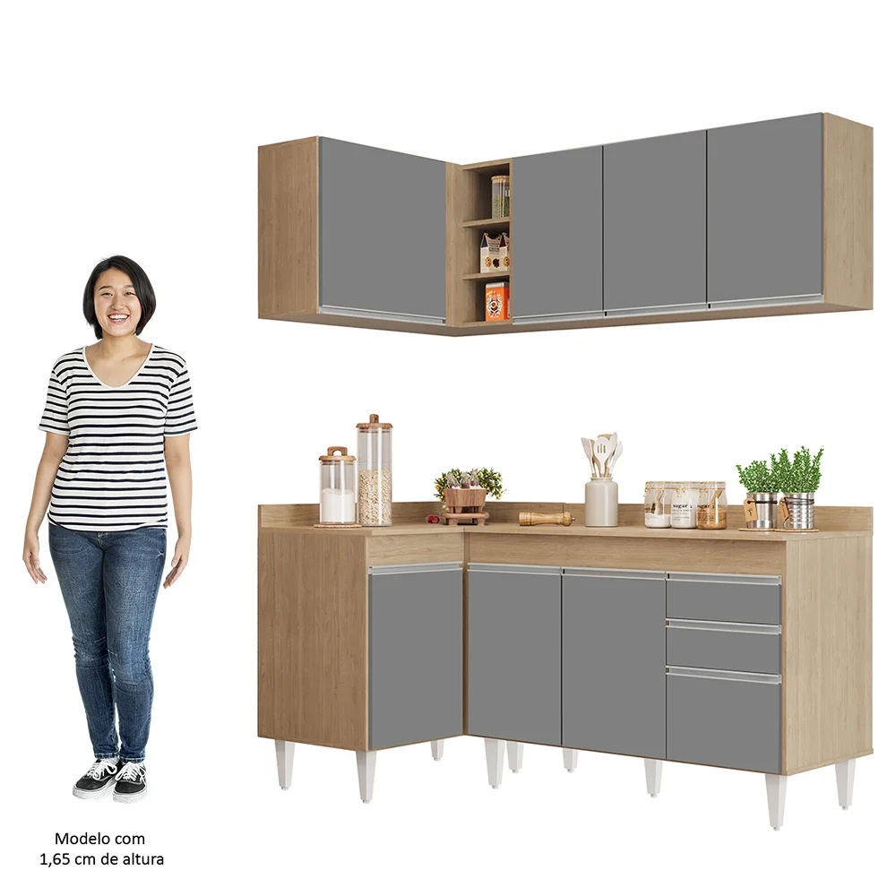 Armário de Cozinha Modulado de Canto Direito 4 Peças CP38 Balcão com Tampo Castanho/Cinza - Lumil