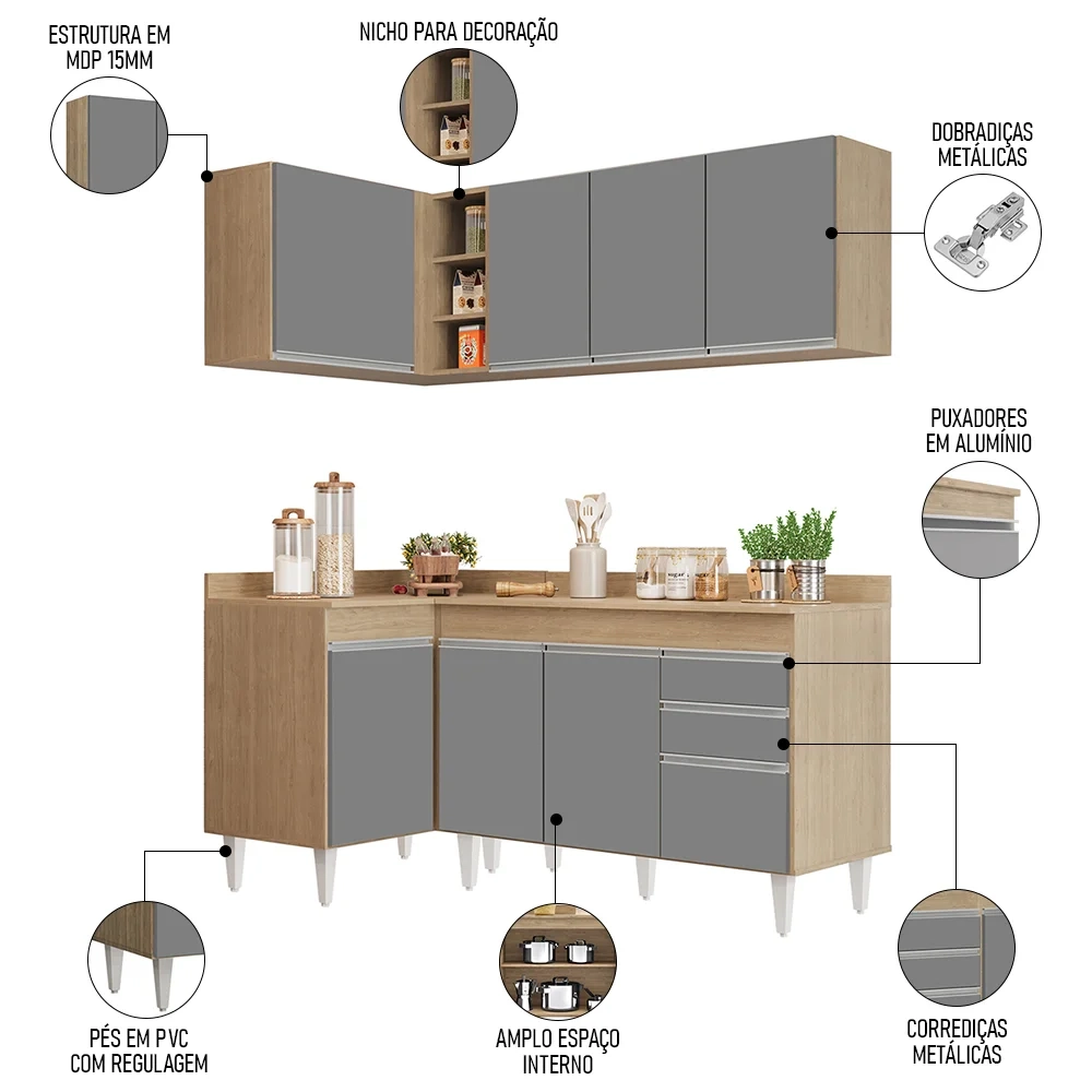 Armário de Cozinha Modulado de Canto Direito 4 Peças CP38 Balcão com Tampo Castanho/Cinza - Lumil