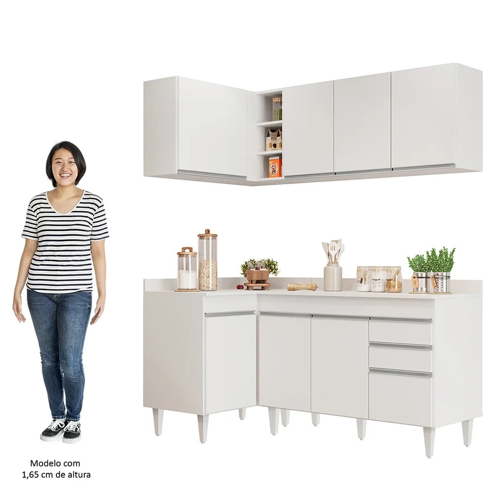 Armário de Cozinha Modulado de Canto Direito 4 Peças CP38 Balcão com Tampo Branco - Lumil