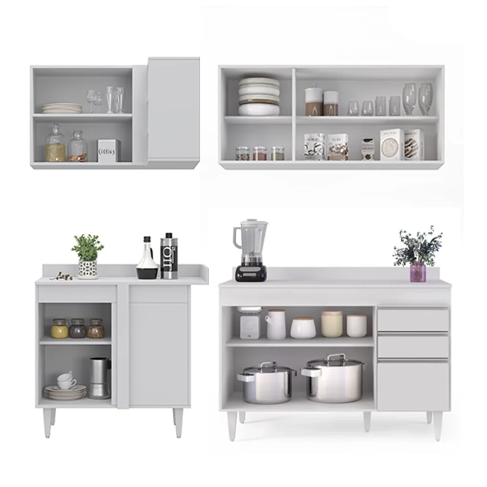 Armário de Cozinha Modulado de Canto Direito 4 Peças CP38 Balcão com Tampo Branco - Lumil