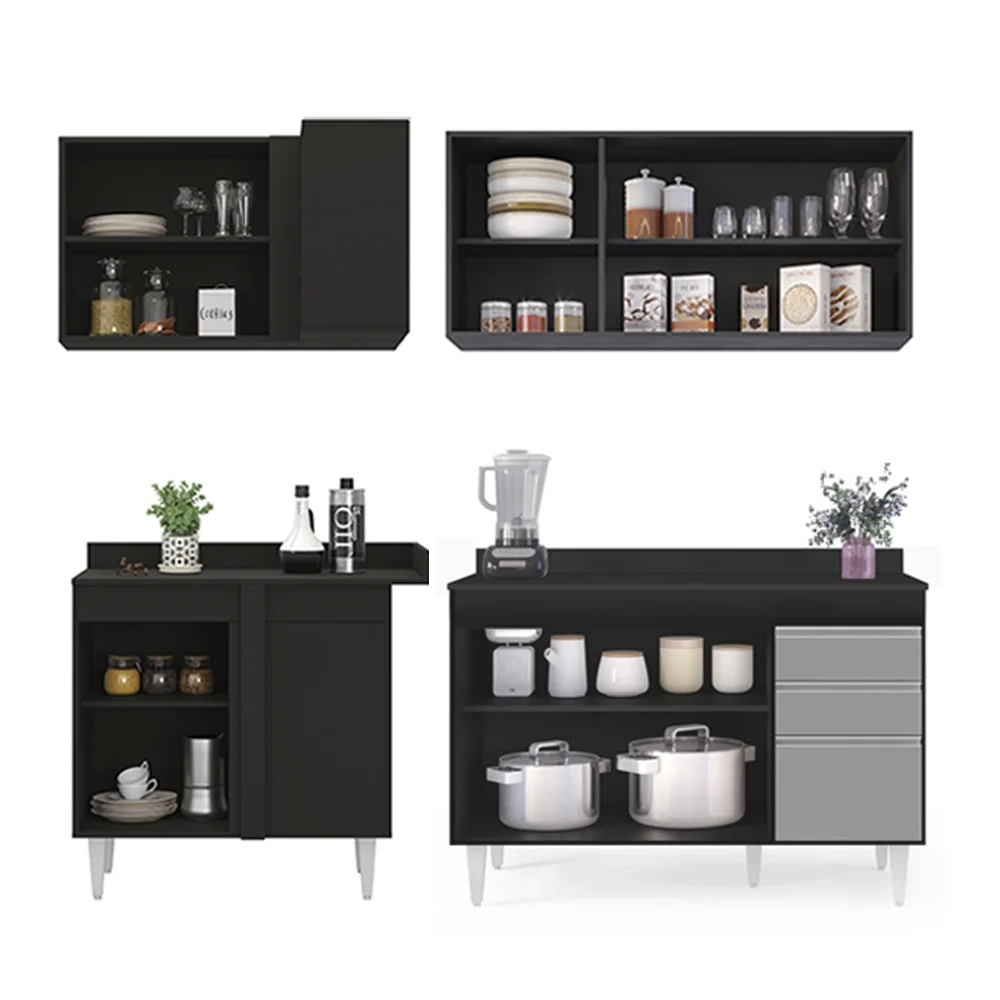 Armário de Cozinha Modulado de Canto Direito 4 Peças CP38 Balcão com Tampo Preto/Cinza - Lumil