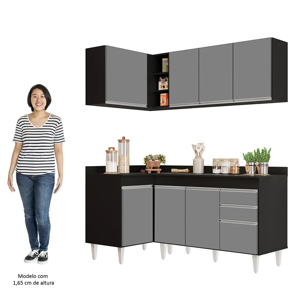 Armário de Cozinha Modulado de Canto Direito 4 Peças CP38 Balcão com Tampo Preto/Cinza - Lumil
