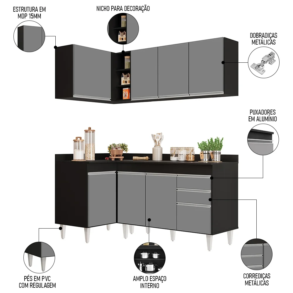 Armário de Cozinha Modulado de Canto Direito 4 Peças CP38 Balcão com Tampo Preto/Cinza - Lumil