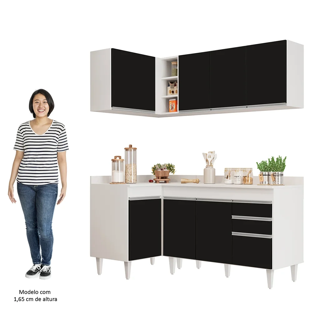 Armário de Cozinha Modulado de Canto Direito 4 Peças CP38 Balcão com Tampo Branco/Preto - Lumil