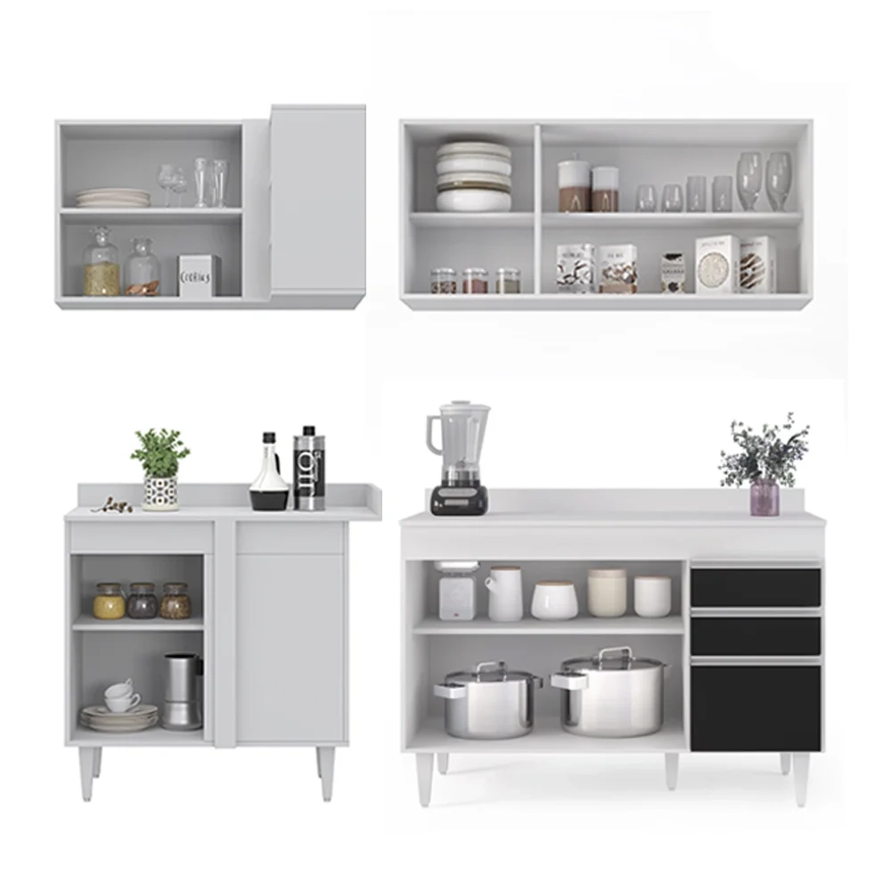 Armário de Cozinha Modulado de Canto Direito 4 Peças CP38 Balcão com Tampo Branco/Preto - Lumil