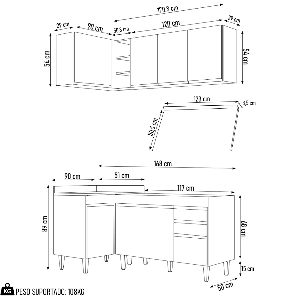 Armário de Cozinha Modulado de Canto Direito 4 Peças CP38 Balcão com Tampo Branco/Preto - Lumil