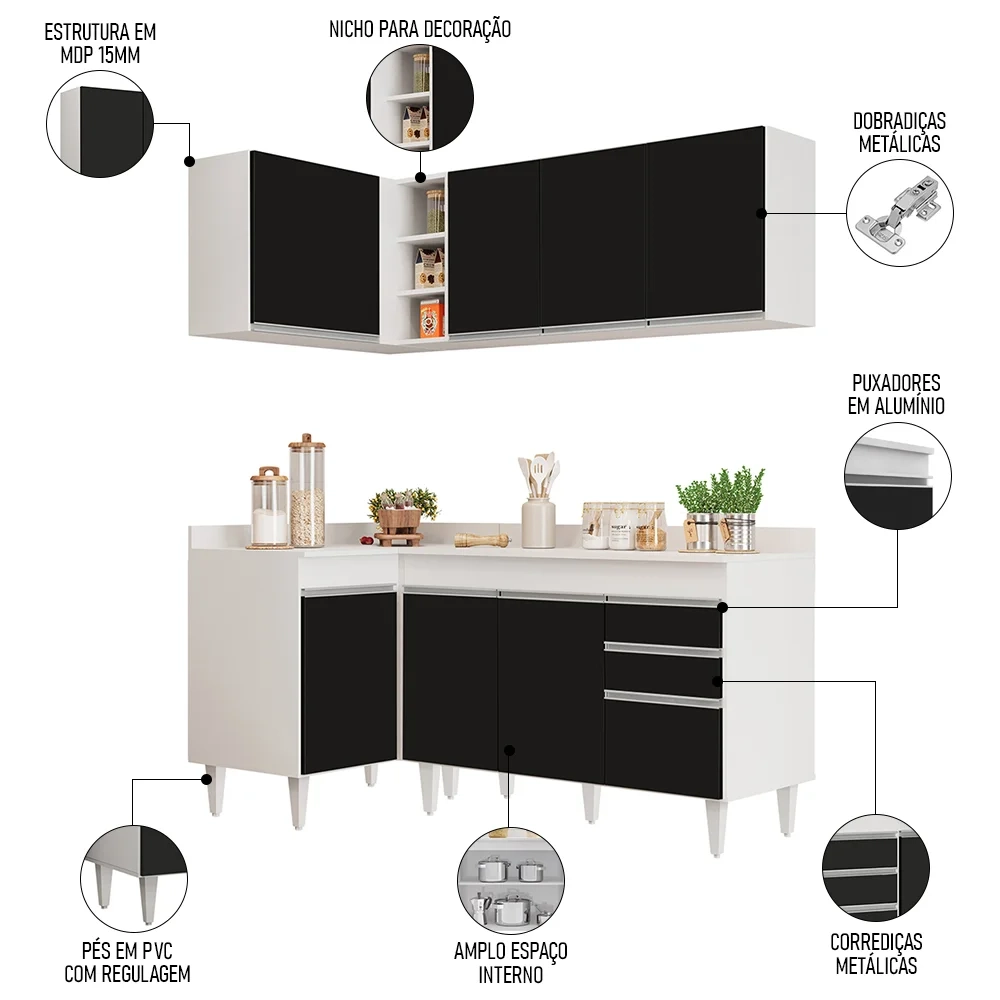Armário de Cozinha Modulado de Canto Direito 4 Peças CP38 Balcão com Tampo Branco/Preto - Lumil