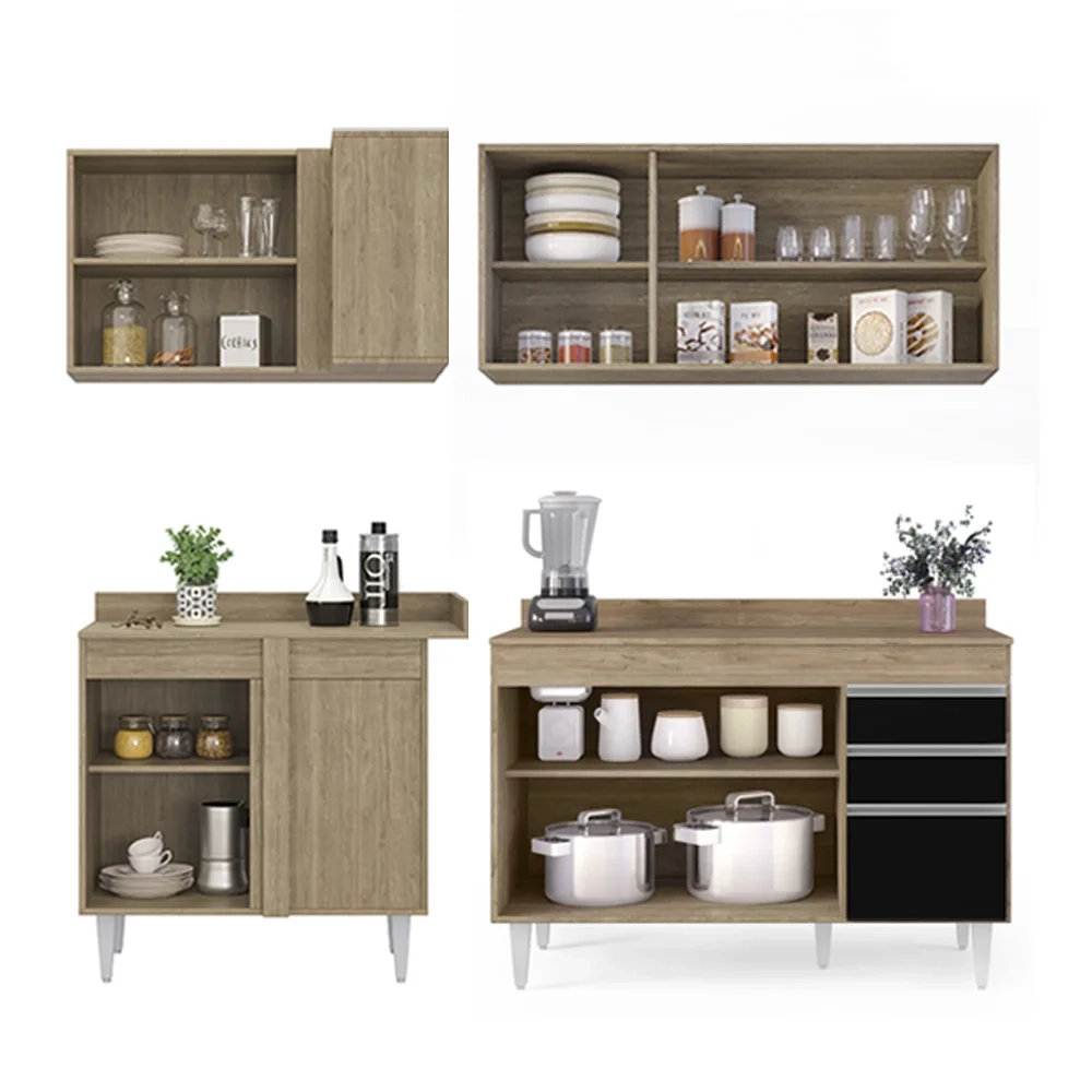 Armário de Cozinha Modulado de Canto Direito 4 Peças CP38 Balcão com Tampo Castanho/Preto - Lumil